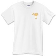 Yellow Polka Dots South Cackalacky Deluxe T-Shirt feature the polka dot South Carolina palmetto moon logo in yellow on the back and a smaller, matching palmetto moon on the front.