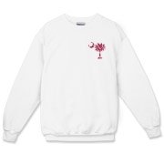 Garnet and Black Polka Dots South Cackalacky Deluxe Crewneck Sweatshirt feature the polka dot South Carolina palmetto moon logo in garnet and black on the back and a smaller, matching palmetto moon on the front.