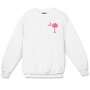 A pink palmetto and crescent moon. The palmetto is a symbol of South Carolina pride. Buy the pink palmetto moon printed in the pocket area of a t-shirt, sweatshirt, or other apparel item.
