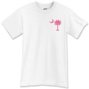 A pink palmetto and crescent moon. The palmetto is a symbol of South Carolina pride. Buy the pink palmetto moon printed in the pocket area of a t-shirt, sweatshirt, or other apparel item.