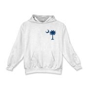 The deluxe Palmetto Moon Flag Kids Hooded Sweatshirt features a small palmetto moon in the front pocket area and the South Carolina Flag design on the back.