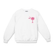 A pink palmetto and crescent moon. The palmetto is a symbol of South Carolina pride. Buy the pink palmetto moon printed in the pocket area of a t-shirt, sweatshirt, or other apparel item.