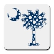 Blue Polka Dot Palmetto Moon Cork Bottom Coaster features a blue palmetto moon with white polka dots and is a fun variation on the South Carolina flag palmetto logo.