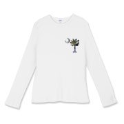 This pocket sized version of Earth and Moon palmetto and crescent moon features a photo of the Earth as the background for the palmetto and a photo of the Moon as a background for the crescent.