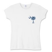 Blue Polka Dots South Cackalacky Deluxe Women's Fitted Baby Rib Tee feature the polka dot South Carolina palmetto moon logo in blue on the back and a smaller, matching palmetto moon on the front.