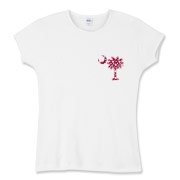 Garnet and Black Polka Dots South Cackalacky Deluxe Women's Fitted Baby Rib Tee feature the polka dot South Carolina palmetto moon logo in garnet and black on the back and a smaller, matching palmetto moon on the front.