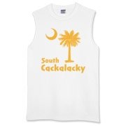 Yellow South Cackalacky Palmetto Moon Sleeveless T-Shirt features the South Carolina palmetto moon logo in yellow.