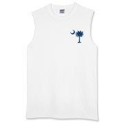 The deluxe Palmetto Moon Flag Sleeveless T-Shirt features a small palmetto moon in the front pocket area and the South Carolina Flag design on the back.