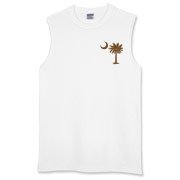 A chocolate brown palmetto and crescent moon. The palmetto is a symbol of South Carolina pride. Buy the chocolate brown palmetto moon printed in the pocket area of a t-shirt, sweatshirt, or other apparel item.