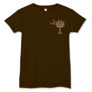 A chocolate brown palmetto and crescent moon. The palmetto is a symbol of South Carolina pride. Buy the chocolate brown palmetto moon printed in the pocket area of a t-shirt, sweatshirt, or other apparel item.