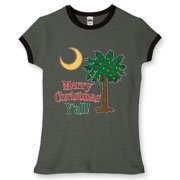 Buy a Merry Christmas Y'all Palmetto Moon Women's Fitted Ringer Tee and have a Merry Christmas, y'all, in South Carolina style.