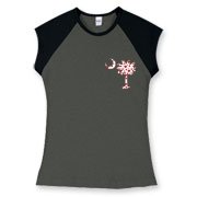 Buy a Red Heart Pattern Palmetto Moon Women's Fitted Cap Sleeve Tee for your sweetheart this Valentine's Day! Featuring the a smaller pocket sized version of the South Carolina Palmetto Moon with a red heart pattern printed on the left chest area.