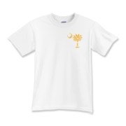 Yellow Polka Dots South Cackalacky Deluxe Kids T-Shirt feature the polka dot South Carolina palmetto moon logo in yellow on the back and a smaller, matching palmetto moon on the front.
