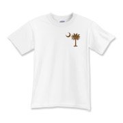 A chocolate brown palmetto and crescent moon. The palmetto is a symbol of South Carolina pride. Buy the chocolate brown palmetto moon printed in the pocket area of a t-shirt, sweatshirt, or other apparel item.