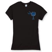 Buy a Blue Palmetto Moon Women's Fitted Fine Jersey Tee featuring a smaller palmetto printed on the left chest area. The palmetto moon is a symbol of South Carolina pride.