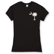 Buy a White Carolina Girl Deluxe Women's Fitted Fine Jersey Tee. This two-sided design features a small palmetto moon printed on the front left chest area and matching Carolina Girl palmetto design on the back. The palmetto moon is a symbol of South Carol