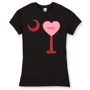 A Candy Heart Palmetto Moon Women's Fitted Fine Jersey Tee for an Angel! Perfect for Valentine's Day, it features a pink candy heart on the South Carolina Palmetto Moon with Angel.