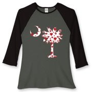Buy a Red Heart Pattern Palmetto Moon Women's Fitted Baseball Tee for your sweetheart this Valentine's Day! Featuring the South Carolina Palmetto Moon with a red heart pattern in the background.