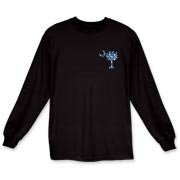 Blue Polka Dots South Cackalacky Deluxe Long Sleeve T-Shirt feature the polka dot South Carolina palmetto moon logo in blue on the back and a smaller, matching palmetto moon on the front.