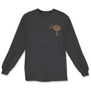 A chocolate brown palmetto and crescent moon. The palmetto is a symbol of South Carolina pride. Buy the chocolate brown palmetto moon printed in the pocket area of a t-shirt, sweatshirt, or other apparel item.