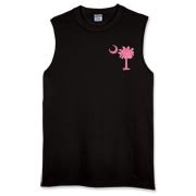 A pink palmetto and crescent moon. The palmetto is a symbol of South Carolina pride. Buy the pink palmetto moon printed in the pocket area of a t-shirt, sweatshirt, or other apparel item.