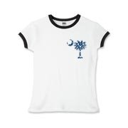 Blue Polka Dots South Cackalacky Deluxe Girls Ringer T-Shirt feature the polka dot South Carolina palmetto moon logo in blue on the back and a smaller, matching palmetto moon on the front.