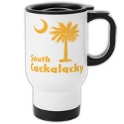 Yellow South Cackalacky Palmetto Moon Travel Mug features the South Carolina palmetto moon logo in yellow.