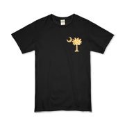 Yellow Polka Dots South Cackalacky Deluxe Organic Kids T-Shirt feature the polka dot South Carolina palmetto moon logo in yellow on the back and a smaller, matching palmetto moon on the front.