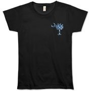 Blue Polka Dots South Cackalacky Deluxe Organic Women's T-Shirt feature the polka dot South Carolina palmetto moon logo in blue on the back and a smaller, matching palmetto moon on the front.