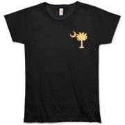 Yellow Polka Dots South Cackalacky Deluxe Organic Women's T-Shirt feature the polka dot South Carolina palmetto moon logo in yellow on the back and a smaller, matching palmetto moon on the front.