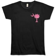 The pink palmetto and crescent moon pocket print design is a symbol of South Carolina pride. Buy pink palmetto t-shirts, sweatshirts or other clothing items with the palmetto moon printed on the pocket area.