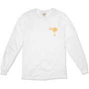 Yellow Polka Dots South Cackalacky Deluxe Organic Long Sleeve T-Shirt feature the polka dot South Carolina palmetto moon logo in yellow on the back and a smaller, matching palmetto moon on the front.