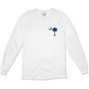 The deluxe Palmetto Moon Flag Organic Long Sleeve T-Shirt features a small palmetto moon in the front pocket area and the South Carolina Flag design on the back.