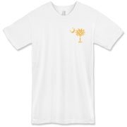 Yellow Polka Dots South Cackalacky Deluxe American Apparel T-Shirt feature the polka dot South Carolina palmetto moon logo in yellow on the back and a smaller, matching palmetto moon on the front.