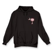 Buy a Red Heart Pattern Palmetto Moon Hooded Sweatshirt for your sweetheart this Valentine's Day! Featuring the a smaller pocket sized version of the South Carolina Palmetto Moon with a red heart pattern printed on the left chest area.