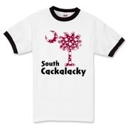 Garnet and Black Polka Dots South Cackalacky Palmetto Moon Ringer T-Shirt features a Polka Dot South Carolina palmetto moon logo in garnet.