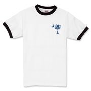 Blue Polka Dots South Cackalacky Deluxe Ringer T-Shirt feature the polka dot South Carolina palmetto moon logo in blue on the back and a smaller, matching palmetto moon on the front.