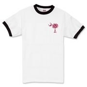 Garnet and Black Polka Dots South Cackalacky Deluxe Ringer T-Shirt feature the polka dot South Carolina palmetto moon logo in garnet and black on the back and a smaller, matching palmetto moon on the front.