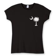 Buy a White Carolina Girl Deluxe Women's Fitted Baby Rib Tee. This two-sided design features a small palmetto moon printed on the front left chest area and matching Carolina Girl palmetto design on the back. The palmetto moon is a symbol of South Carolina