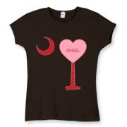 A Candy Heart Palmetto Moon Women's Fitted Baby Rib Tee for an Angel! Perfect for Valentine's Day, it features a pink candy heart on the South Carolina Palmetto Moon with Angel.