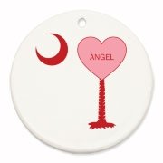 A Candy Heart Palmetto Moon Round Ornament for an Angel! Perfect for Valentine's Day, it features a pink candy heart on the South Carolina Palmetto Moon with Angel.