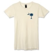 Buy a Blue Palmetto Moon Alternative Apparel Women's Destroyed T-Shirt featuring a smaller palmetto printed on the left chest area. The palmetto moon is a symbol of South Carolina pride.