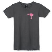 Buy a Pink Palmetto Moon Alternative Apparel Women's Destroyed T-Shirt featuring a smaller palmetto printed on the left chest area. The palmetto moon is a symbol of South Carolina pride.