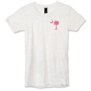 Buy a Pink Palmetto Moon Alternative Apparel Women's Burnout T-Shirt featuring a smaller palmetto printed on the left chest area. The palmetto moon is a symbol of South Carolina pride.
