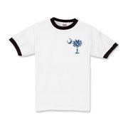 Blue Polka Dots South Cackalacky Deluxe Kids Ringer T-Shirt feature the polka dot South Carolina palmetto moon logo in blue on the back and a smaller, matching palmetto moon on the front.
