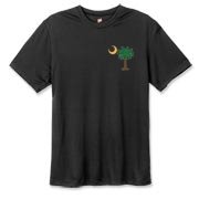 Buy a Christmas Palmetto Moon Hanes Cool Dri T-shirt and have a Merry Christmas, South Carolina style. This version features a pocket sized version of the Christmas Tree Palmetto Moon.