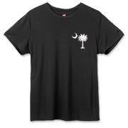 Buy a White Carolina Girl Deluxe Hanes Women's Cool Dri T-shirt. This two-sided design features a small palmetto moon printed on the front left chest area and matching Carolina Girl palmetto design on the back. The palmetto moon is a symbol of South Carol