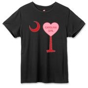 A Candy Heart Palmetto Moon Hanes Women's Cool Dri T-shirt for a Carolina Girl! Perfect for Valentine's Day, it features a pink candy heart on the South Carolina Palmetto Moon with Carolina Girl.