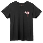 Buy a Red Heart Pattern Palmetto Moon Hanes Women's Cool Dri T-shirt for your sweetheart this Valentine's Day! Featuring the a smaller pocket sized version of the South Carolina Palmetto Moon with a red heart pattern printed on the left chest area.