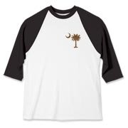 A chocolate brown palmetto and crescent moon. The palmetto is a symbol of South Carolina pride. Buy the chocolate brown palmetto moon printed in the pocket area of a t-shirt, sweatshirt, or other apparel item.